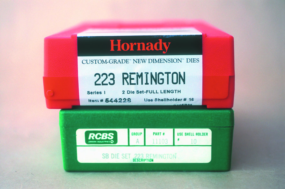 Choosing a suitable sizing die will help assure proper chambering of loaded rounds. The Hornady .223 Remington dies are “full length” making them suitable for most bolt actions, etc., while the RCBS “small base” dies are best for autoloading, pump and lever-action rifles.